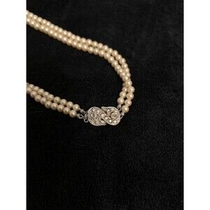 Marvella Signed Double Strand Faux Pearl Necklace with Rhinestone Clasp Vintage